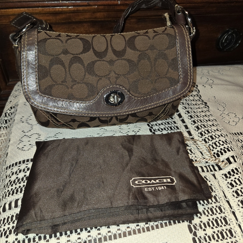 Coach Dark Brown Signature Canvas Crossbody with Leather Trim